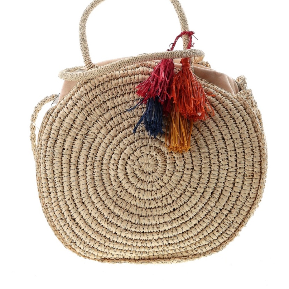 Stylish Beige Woven Round Bag with Tassels